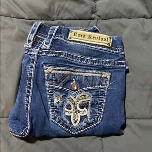 Rock Revival Blue Ankle Cropped Jeans with Distinctive Stitching